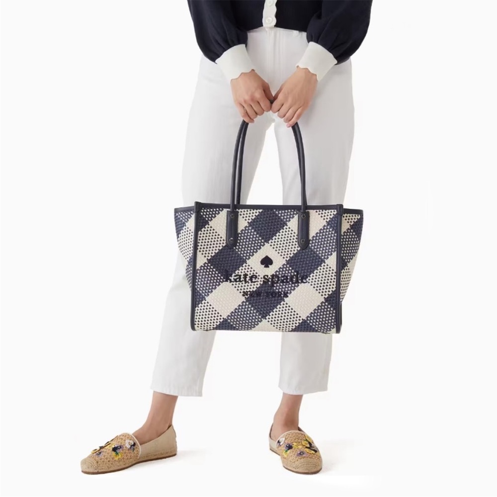 Kate Spade Ella Oversized Gingham Woven Straw Tote NWT